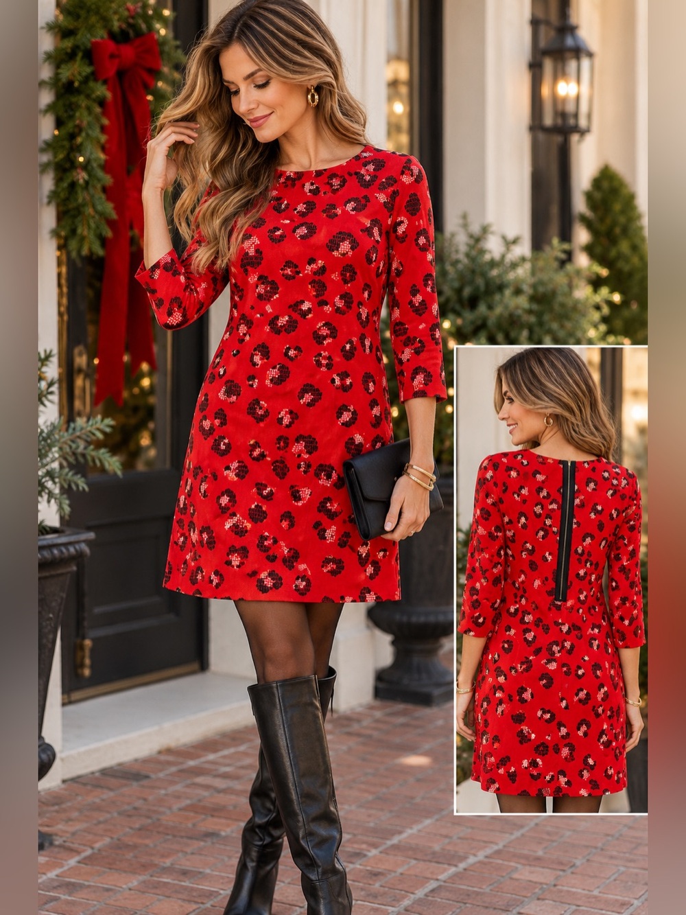The Limited Red Leopard Print Shift Dress S Animal Print 3/4 Sleeve Holiday